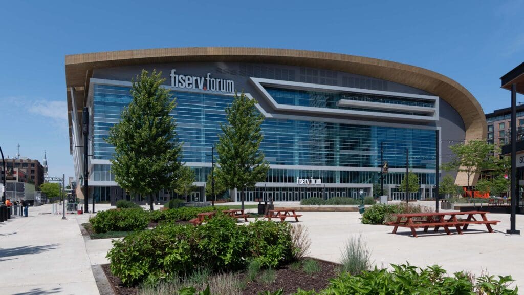 Wood and glass facade of Milwaukee's Fiserv Forum building