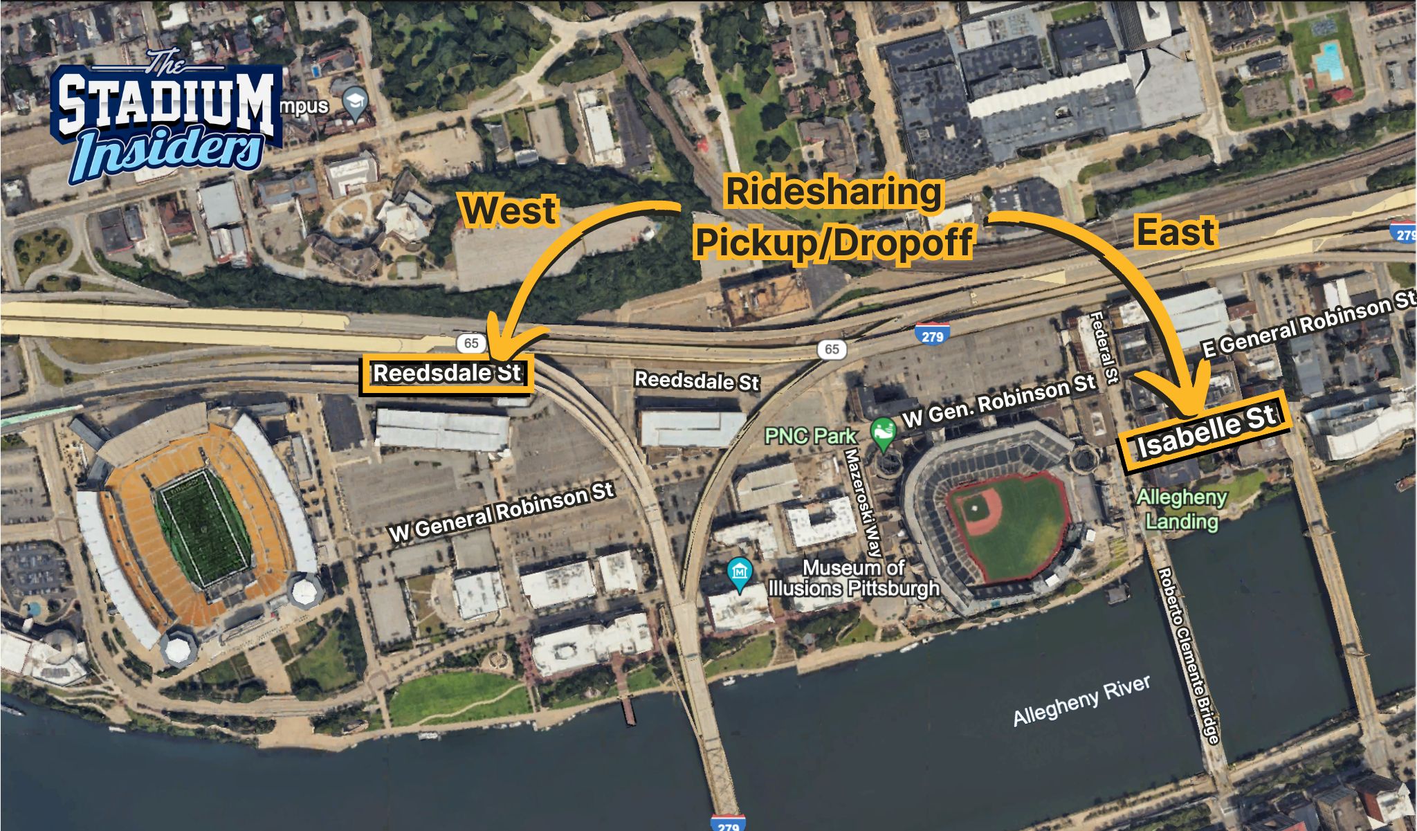 Map courtesy of Google Earth. Altered to showcase ridesharing zones. Google Earth map with illustrations to denote the east and west ridesharing zones near PNC Park