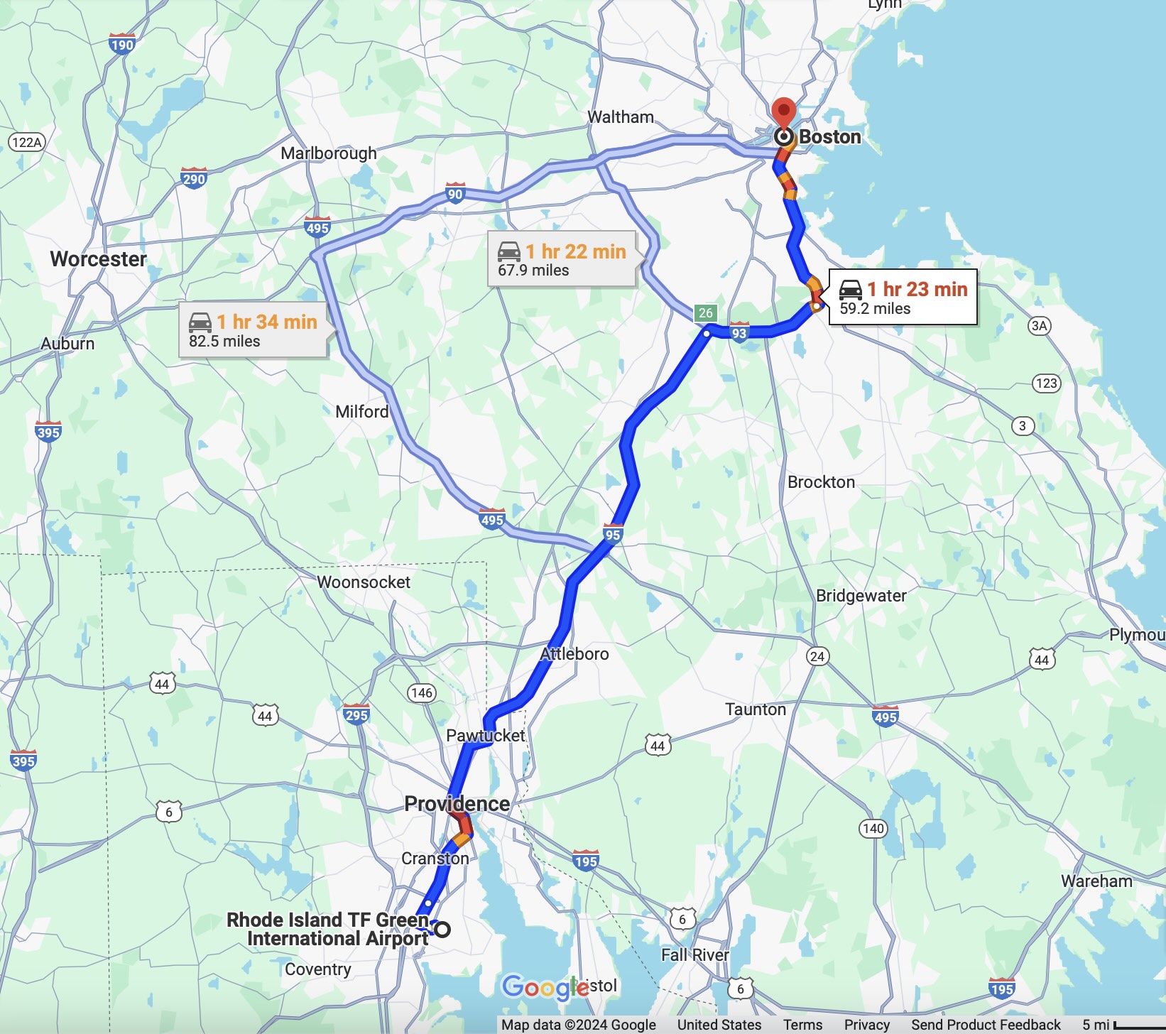 T.F. Green Airport Google map of travel distance and time between T.F. Green airport and Boston