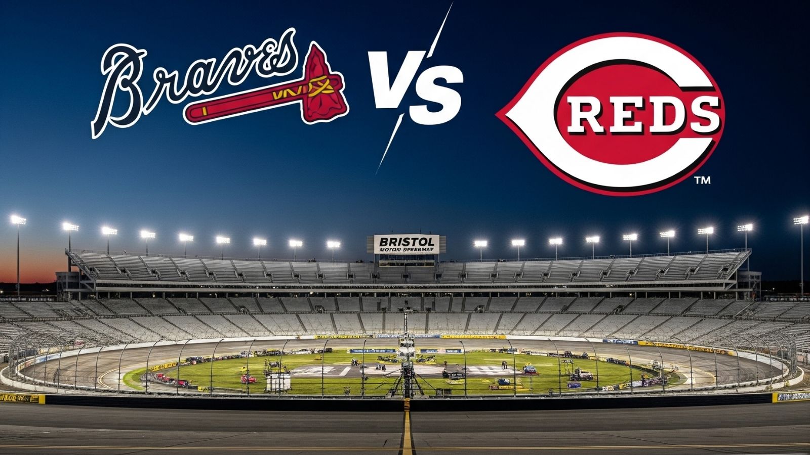 Pitbull and Tim McGraw to perform before MLB Speedway Classic The logos of the Atlanta Braves and Cincinatti Reds over the Bristol Motor Speedway at night