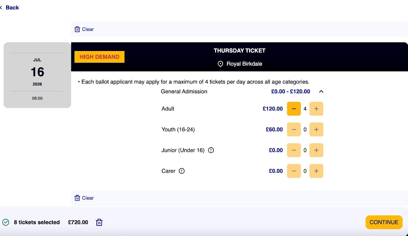 British Open ticket purchase screen Screenshot of purchasing British Open tickets