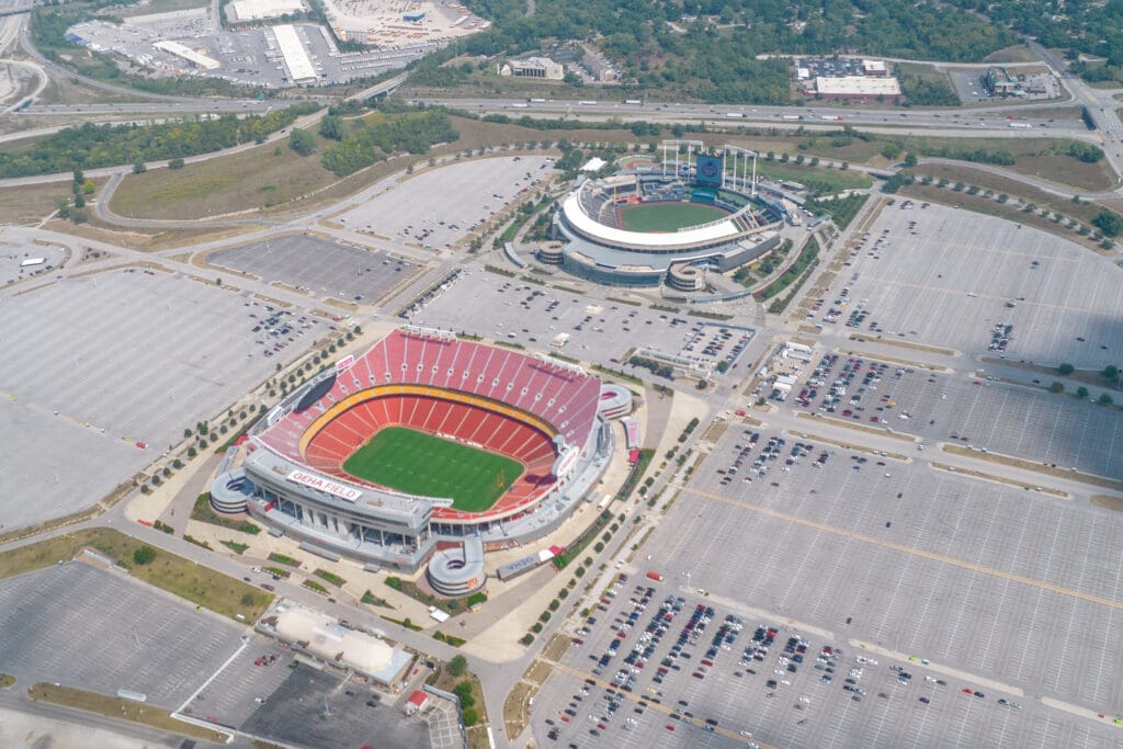 The Usa, Kansas City, September 2022: Aerial View Of The Geha Field At Arrowhead Stadium And Aramark Kauffman Stadium. The World Cup Of Soccer Fifa Will Be Take In The Usa, Canada And Mexico.